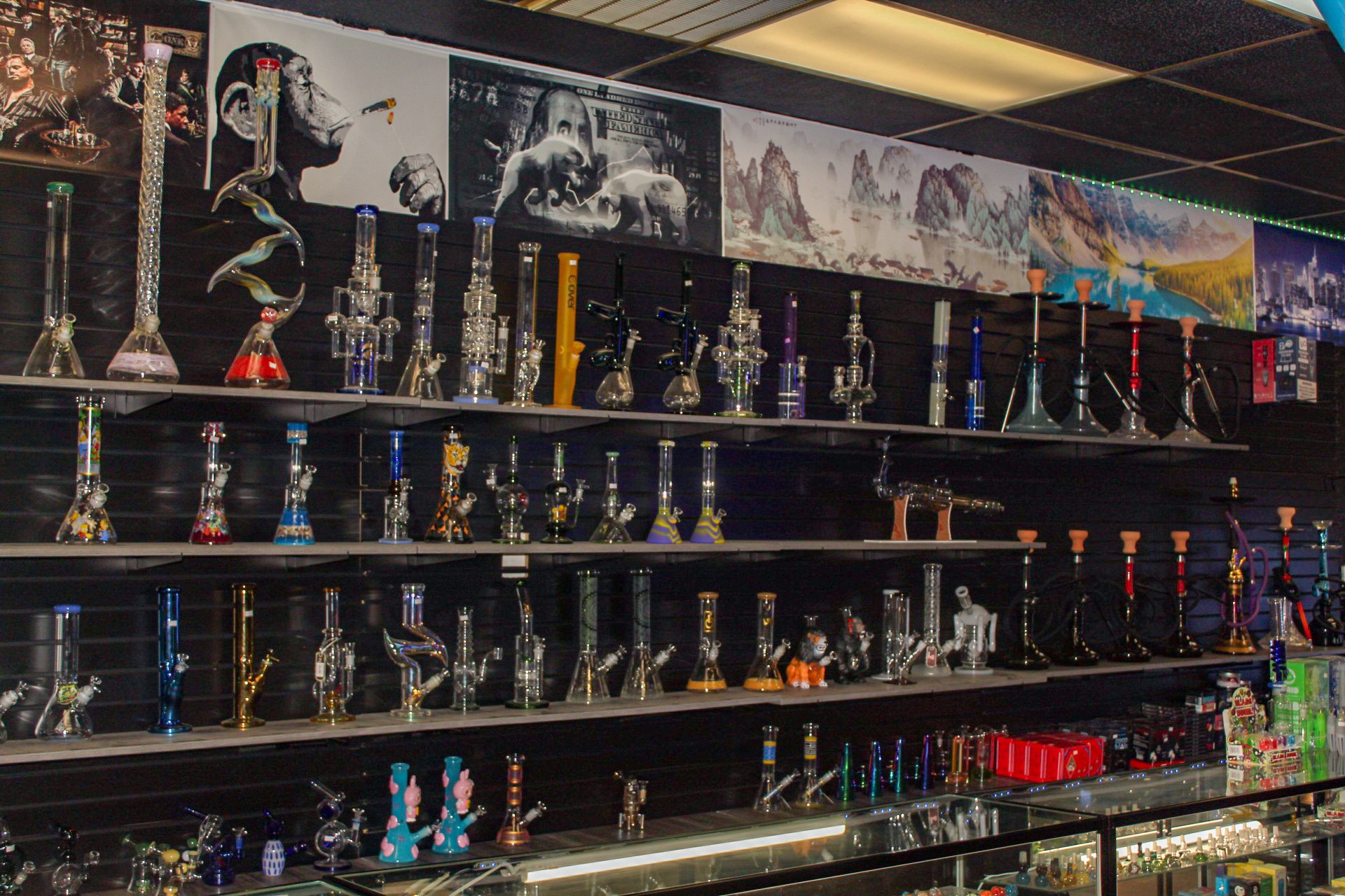 Glass collection at Gin's Smoke Shop
